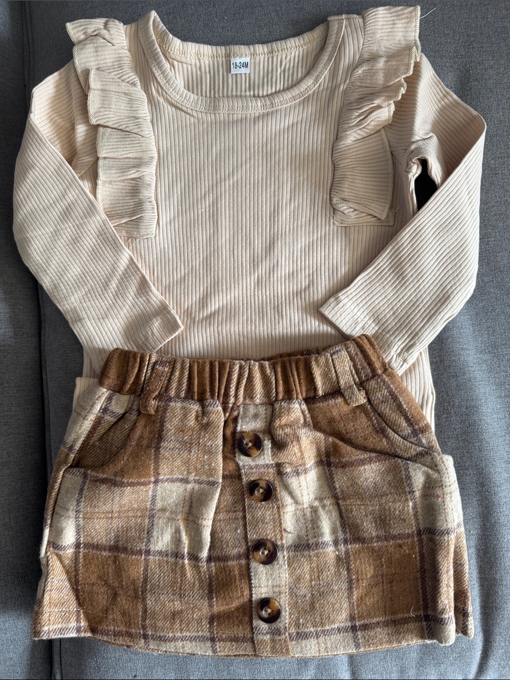 Cream Ruffle Ribbed Long Sleeve Top with Brown Plaid Button Skirt Set